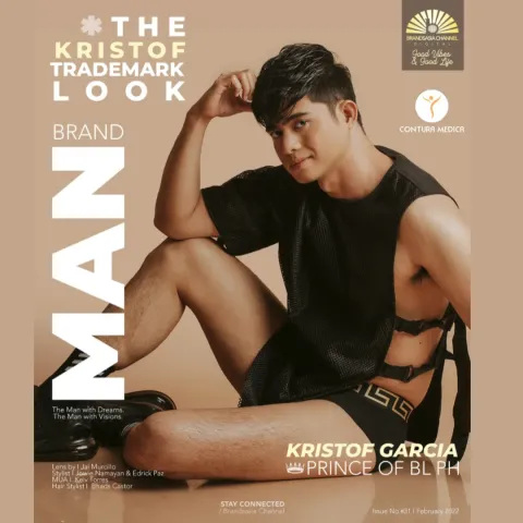 Cover-style graphic with the vertical title BRAND MAN: a man in a black harness top seated against a tan background, with the BrandsAsia Channel logo at top right and a second small logo beside it.