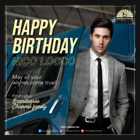 Birthday greeting graphic on a dark background: a man in a grey checked suit and black tie stands beside a blue car, with a message in gold script.