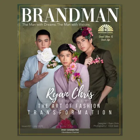 Cover-style graphic titled BRANDMAN on an olive-green background: three men in pastel suits decorated with flowers, with a headline about fashion.