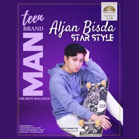 Purple cover-style graphic titled teen BRAND MAN: a young man in a lilac hoodie seated with a skateboard.
