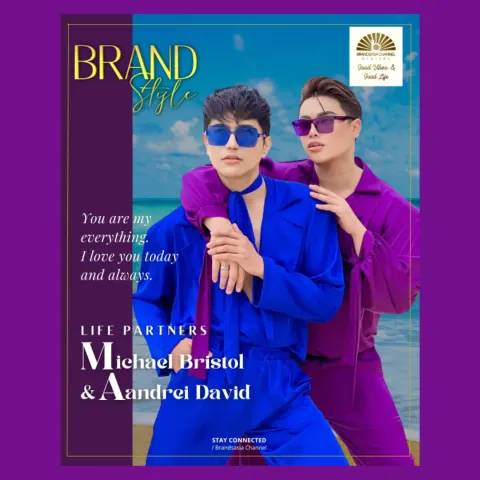 Purple graphic titled BRAND Style: two men in bright blue and purple outfits and sunglasses on a beach, with a short love-themed message.