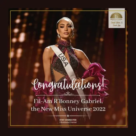 Congratulations graphic on a dark, sparkling background: a woman in a sequined gown with a sash, and a congratulatory message.