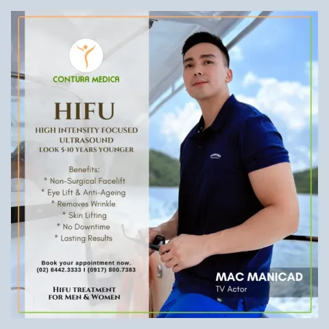 Promotional graphic for a HIFU treatment: a man in a navy polo on a boat beside a list of benefits and booking numbers.