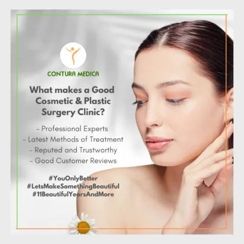 Promotional graphic headed What makes a good cosmetic and plastic surgery clinic?, with a list of four qualities and a woman touching her neck.