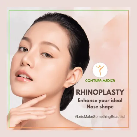 Promotional graphic for rhinoplasty: a woman with her hand under her chin on a soft pink watercolour background.