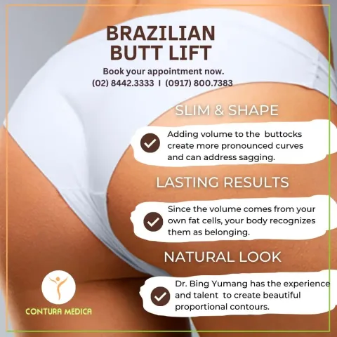 Promotional graphic for a body-contouring treatment: a close-up photograph with a headline, three benefit callouts and booking numbers.