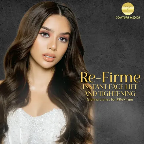 Dark graphic with gold text, Re-Firme instant face lift and tightening, beside a portrait of a woman with long wavy hair.
