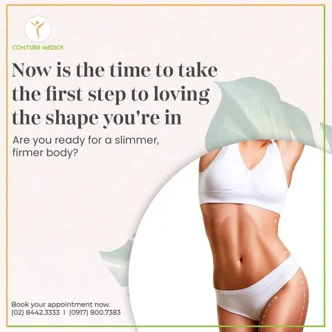 Pale graphic with a green border about loving the shape you are in: a woman in white sportswear and a leaf motif. Booking numbers at bottom left.