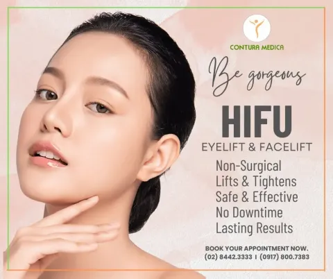Promotional graphic for HIFU eyelift and facelift: a woman with her hand under her chin beside a list of benefits.