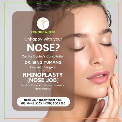Promotional graphic about rhinoplasty: a woman with closed eyes and a hand on her cheek beside the headline Unhappy with your nose?