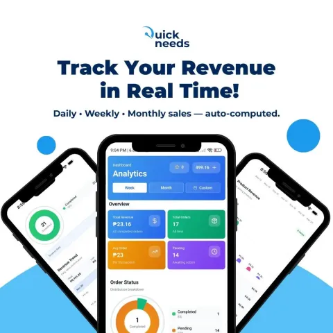 App promotion graphic: Track Your Revenue in Real Time, with three phones showing a sales analytics dashboard.