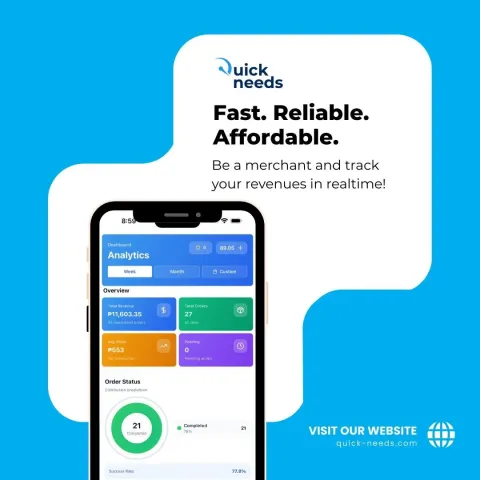 QuickNeeds graphic: Fast. Reliable. Affordable., with a phone showing an analytics dashboard on a blue and white shape.