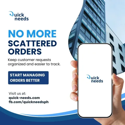 Promotional graphic: NO MORE SCATTERED ORDERS, with a hand holding a phone and a tall glass building behind.