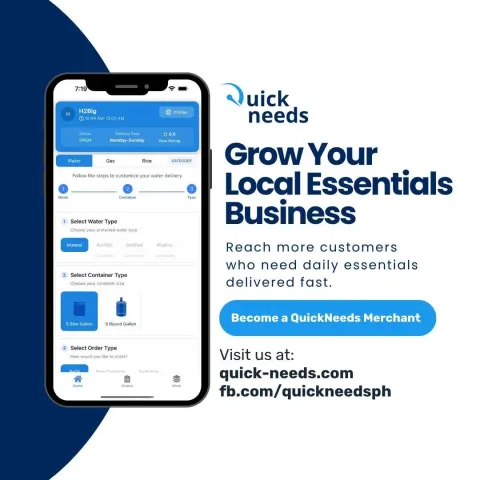 Promotional graphic: Grow Your Local Essentials Business, with a phone showing an order screen and a Become a QuickNeeds Merchant button.