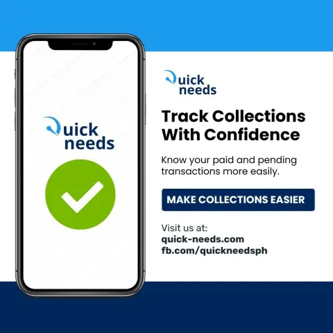 Graphic: Track Collections With Confidence, with a phone showing the QuickNeeds logo and a green check mark.