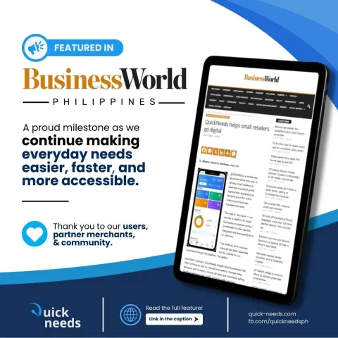 Announcement graphic about a press feature: a tablet showing an article, and a thank-you message to users and merchants.