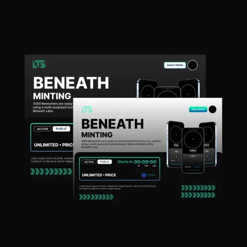 Dark interface mock-up titled BENEATH MINTING: desktop and phone screens of a token minting page with status labels and a countdown.
