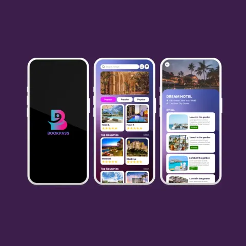 Three mobile screens for a hotel booking concept called BookPass: a splash screen, a venue search list and a hotel detail page.