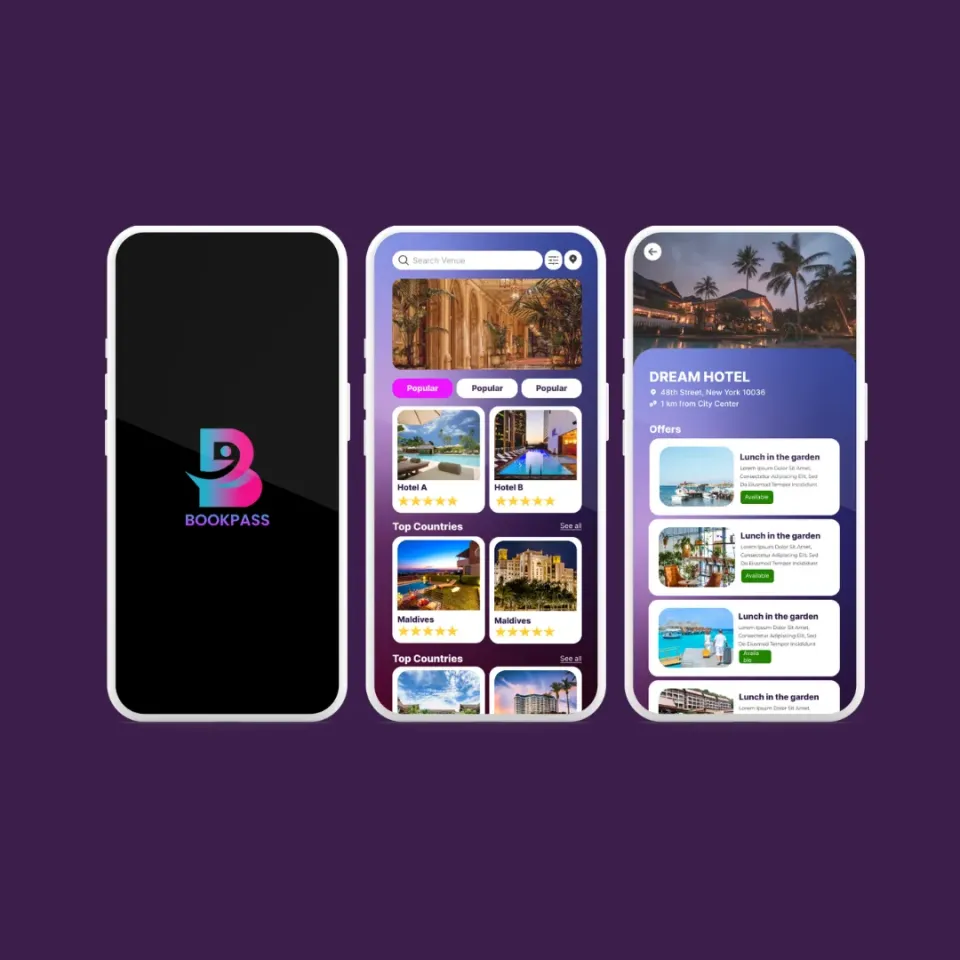 Three mobile screens for a hotel booking concept called BookPass: a splash screen, a venue search list and a hotel detail page.