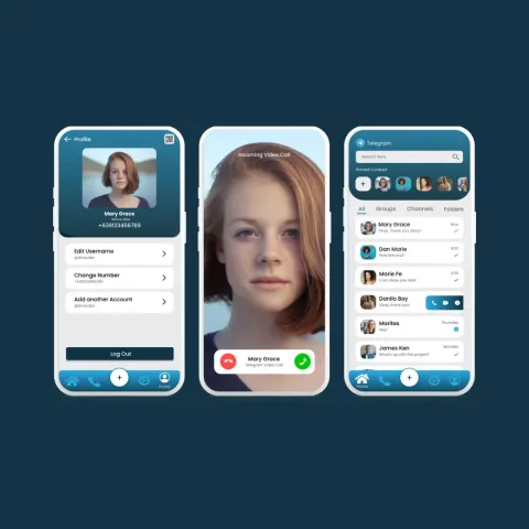 Three mobile screens of a messaging app design: a profile page, an incoming video call and a chat list.