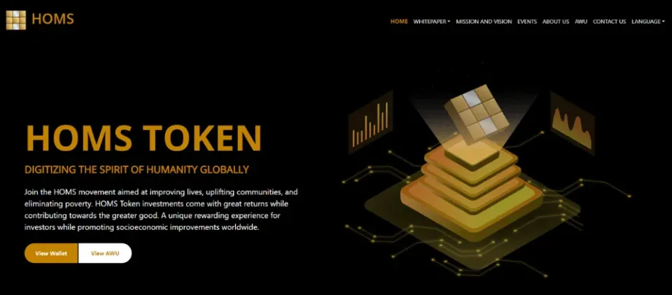 Home page of the HOMS Token website on a black background: a gold "HOMS Token" heading, a short mission statement, "View Wallet" and "View AWU" buttons, and an illustration of a glowing stacked platform with a cube.