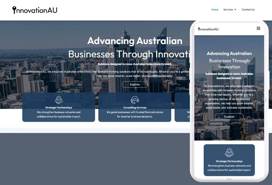 Desktop and phone views of the InnovationAU website: a city skyline hero headed "Advancing Australian Businesses Through Innovation" with an Explore button and service cards for Strategic Partnerships and Consulting Services.